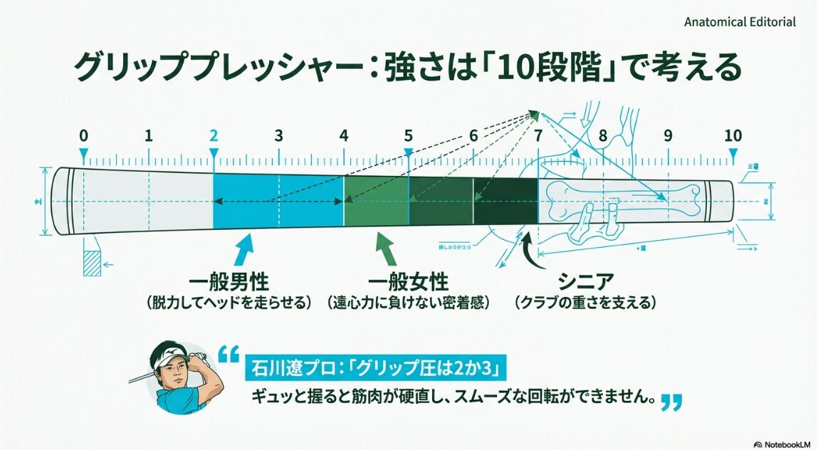 男女別・特性別の理想的なグリッププレッシャーを10段階で示したスケール図解