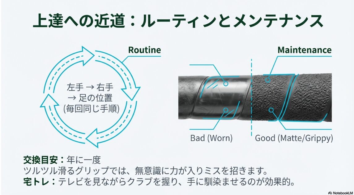 グリップを握る正しいルーティンと交換時期・メンテナンスについての図解