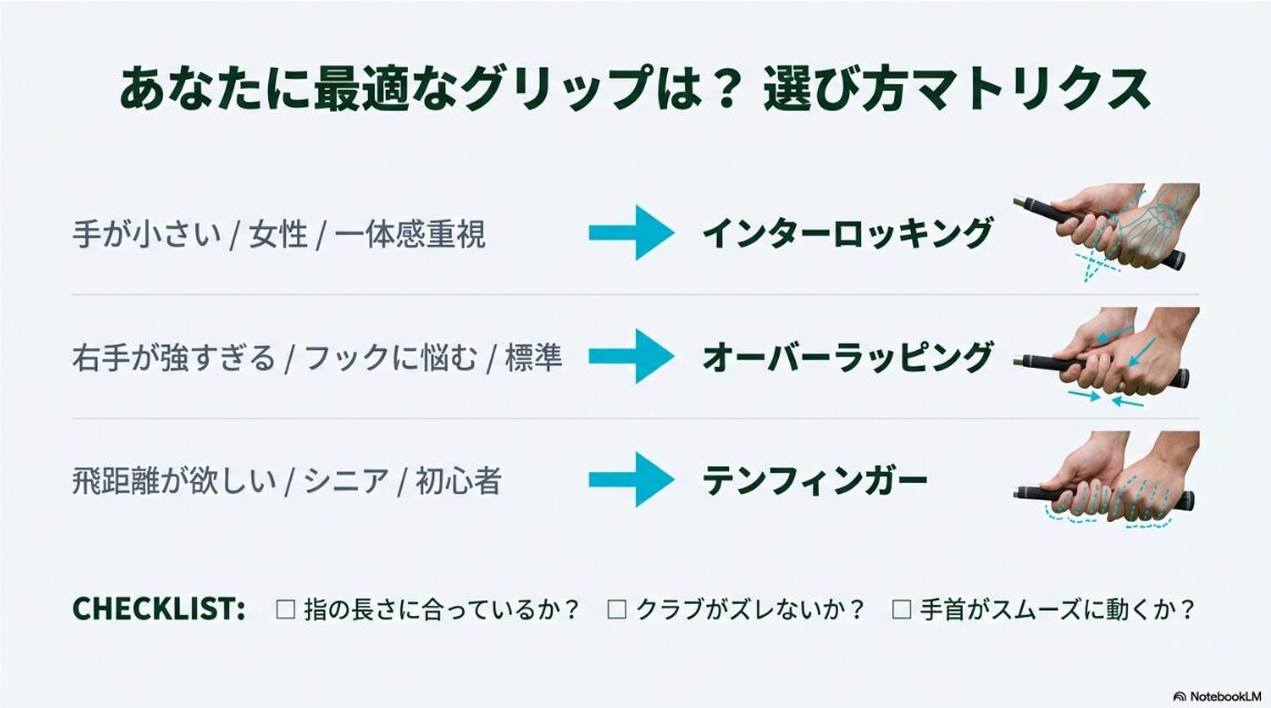 手の大きさや悩み別に最適なゴルフグリップが選べるフローチャート図解