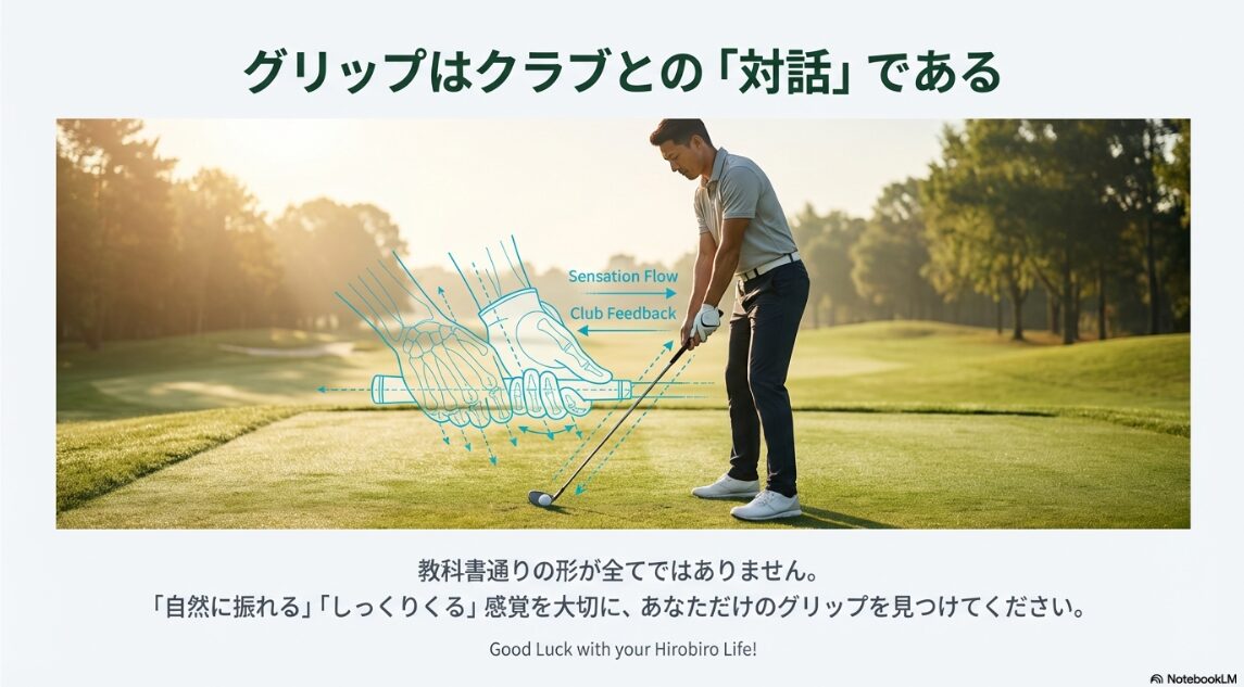 クラブからのフィードバックを感じるための理想的なグリップ感覚のイメージ図