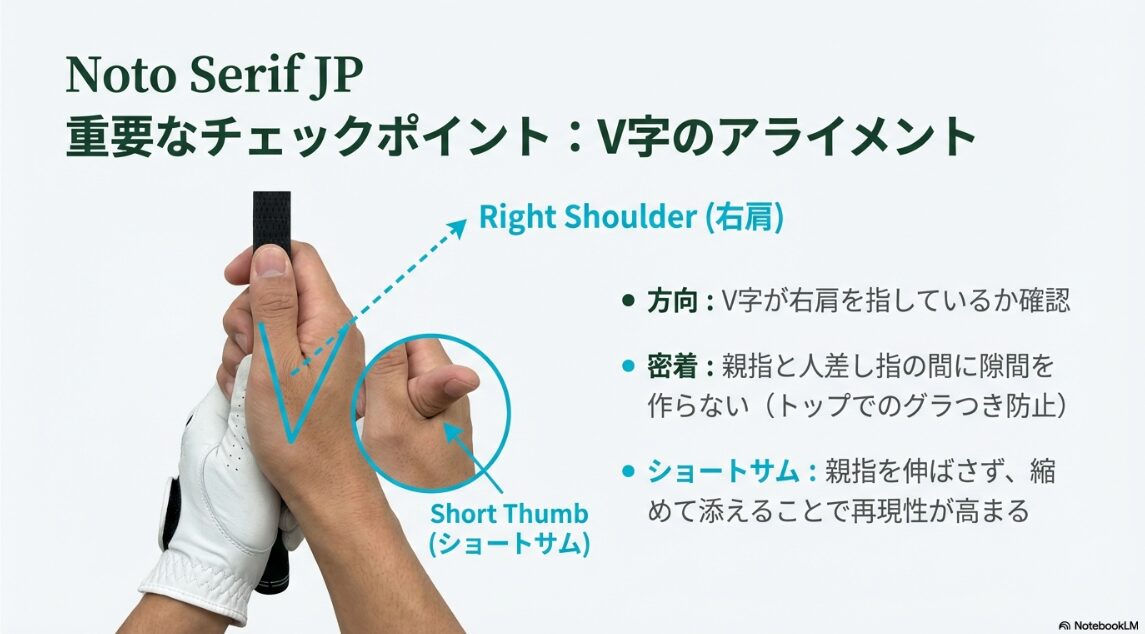 右手の親指と人差し指のV字アライメントとショートサムの正しい形についての図解
