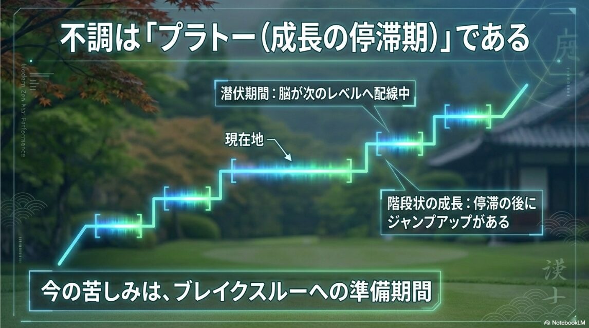 ゴルフの成長曲線と停滞期（プラトー）を乗り越える概念図