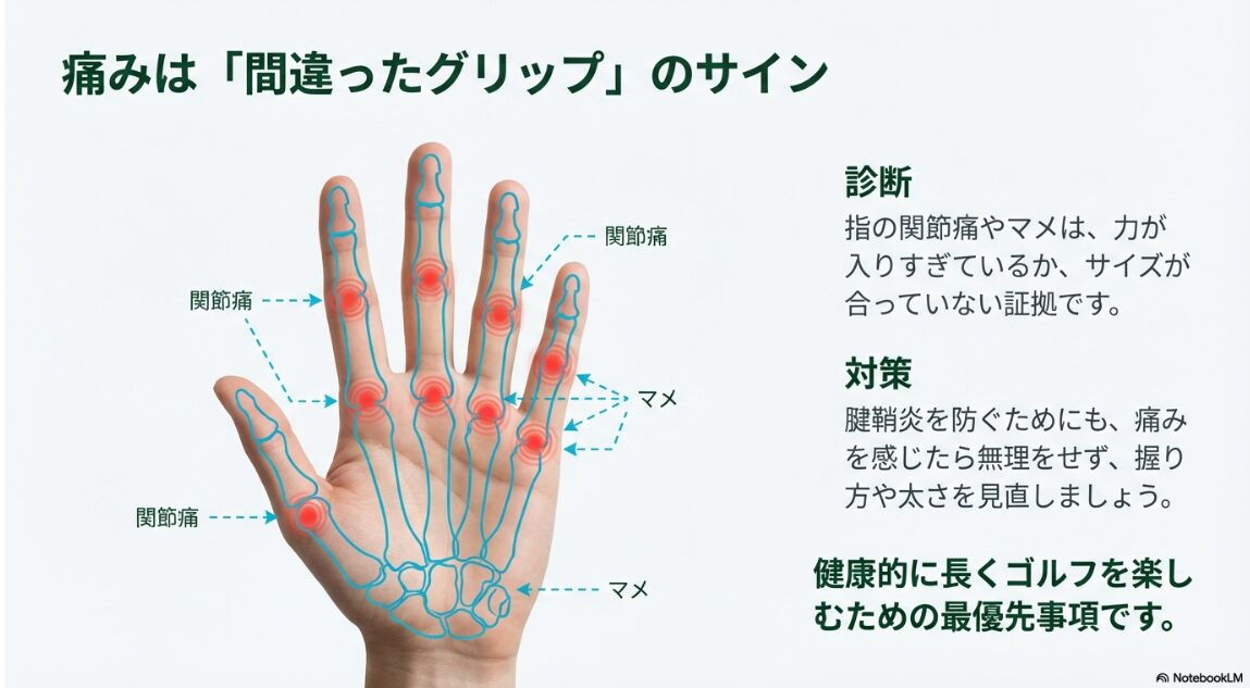 グリップの握りすぎによる手の痛みやマメの場所からわかる原因診断図