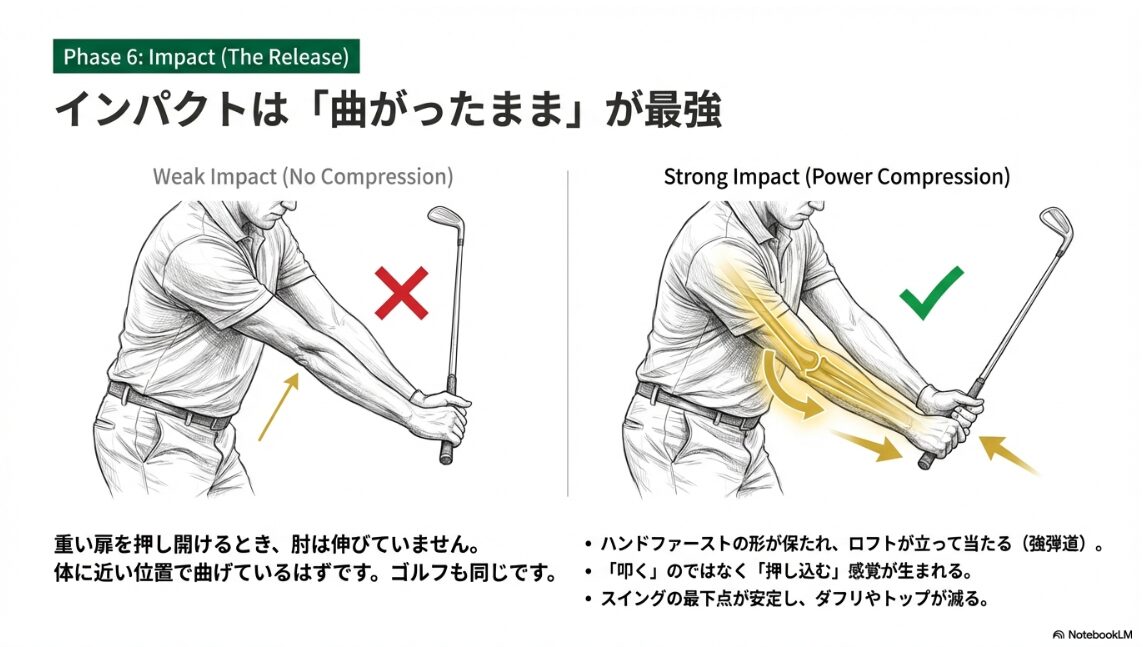 右肘を曲げたままハンドファーストでボールを押し込む強いインパクトの図解