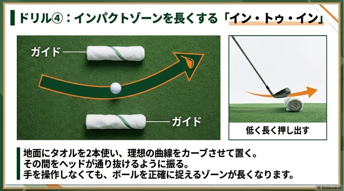 2本のタオルをガイドにしてイン・トゥ・インの軌道をなぞる練習法