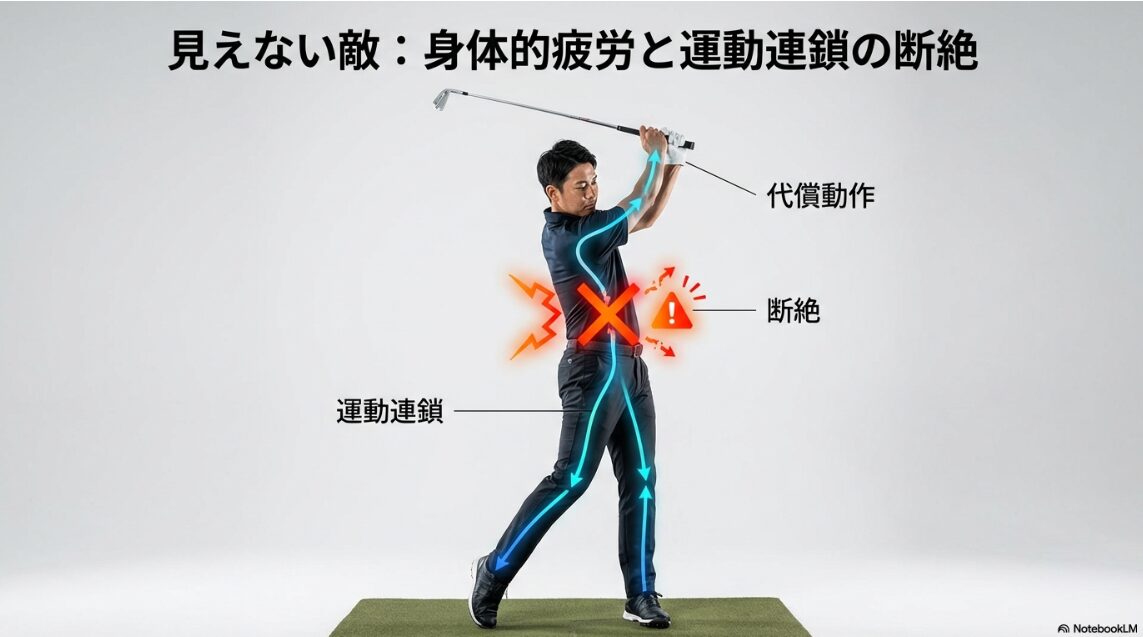 身体の疲労によるゴルフスイングの運動連鎖の断絶図解