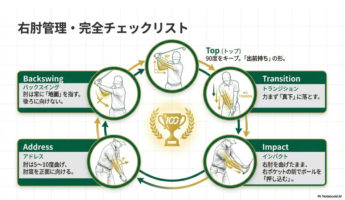 アドレスからインパクトまでの各スイングフェーズにおける右肘のチェックポイント