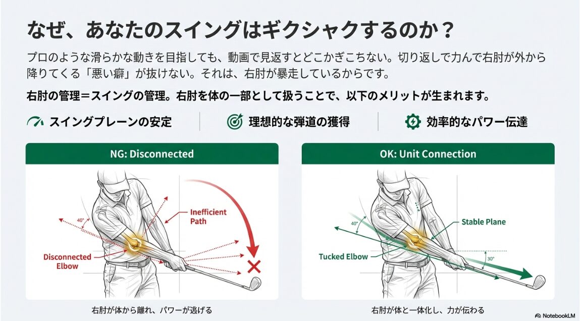 右肘が体から離れたNG例と、体と一体化したOK例の比較図解