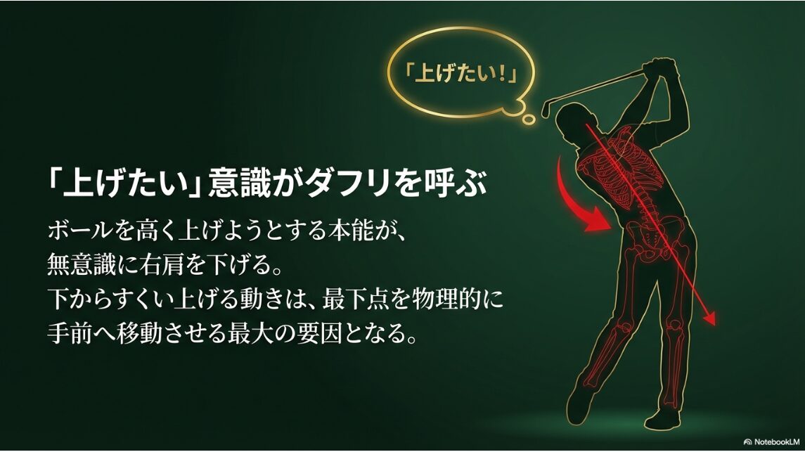 ボールを上げようとして右肩が下がり、最下点が手前に移動してしまう図解