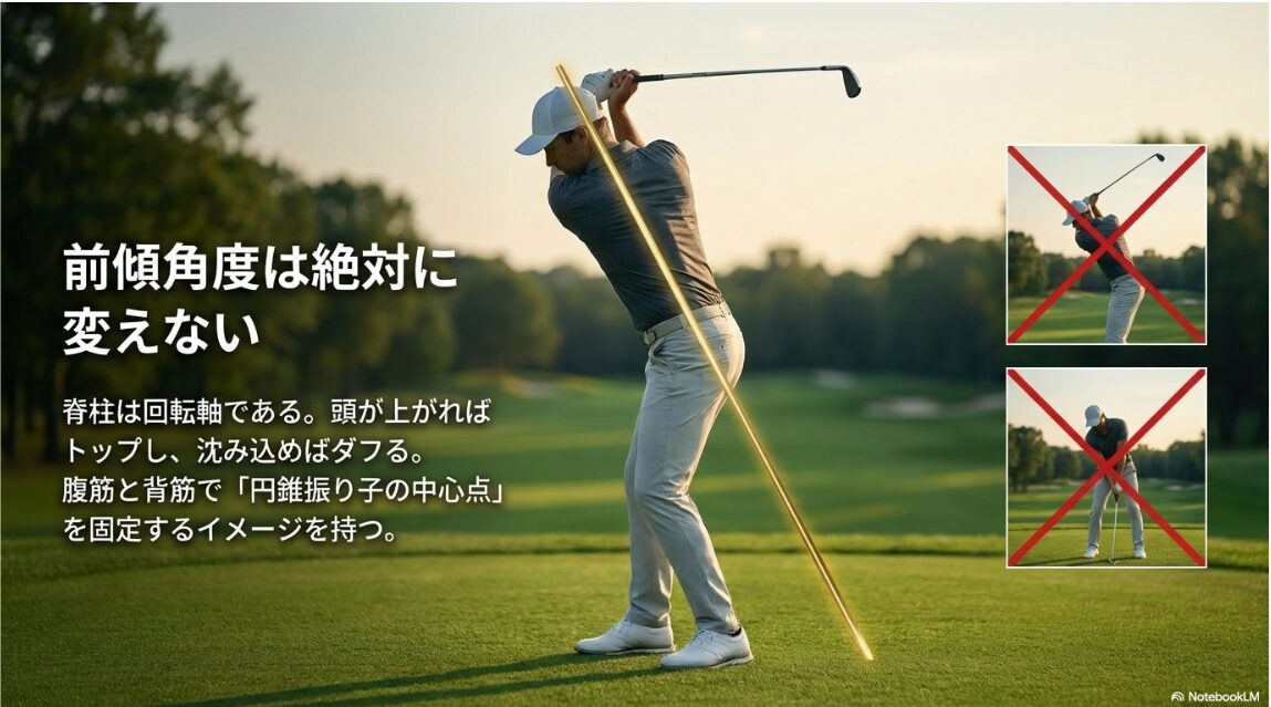 脊柱を回転軸として捉えインパクトまで前傾角度を維持する様子