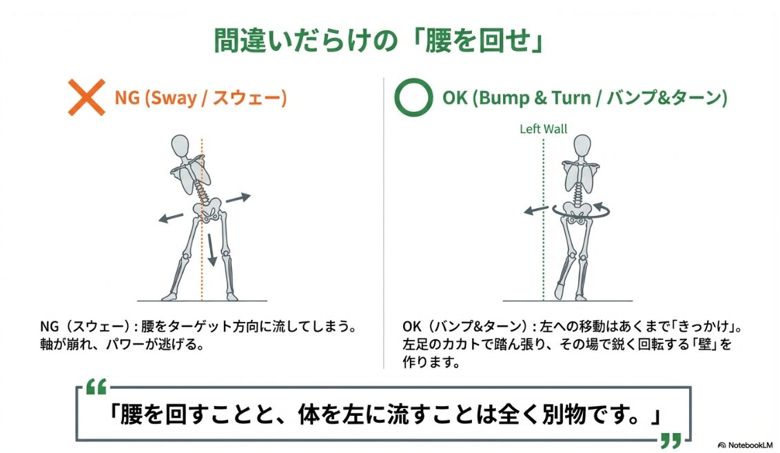 ゴルフの腰のスウェーと正しいバンプ動作の違い