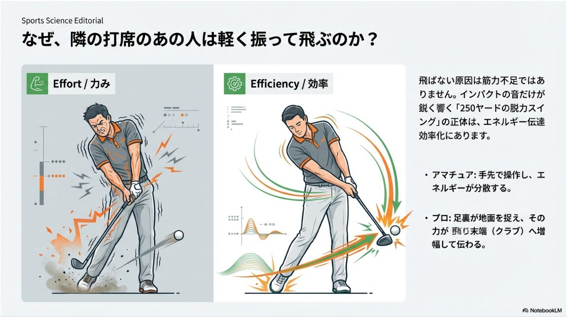 力まないスイングと効率的なエネルギー伝達の比較