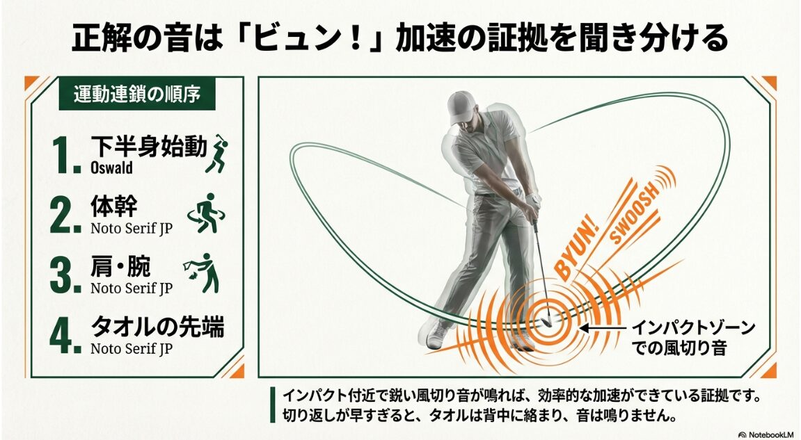 インパクトゾーンでタオルが鋭い風切り音を出すスイングの図解