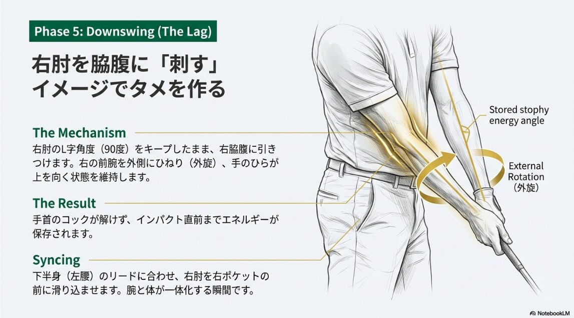 右肘のL字角度を保ち前腕を外旋させてタメを作るダウンスイングのメカニズム
