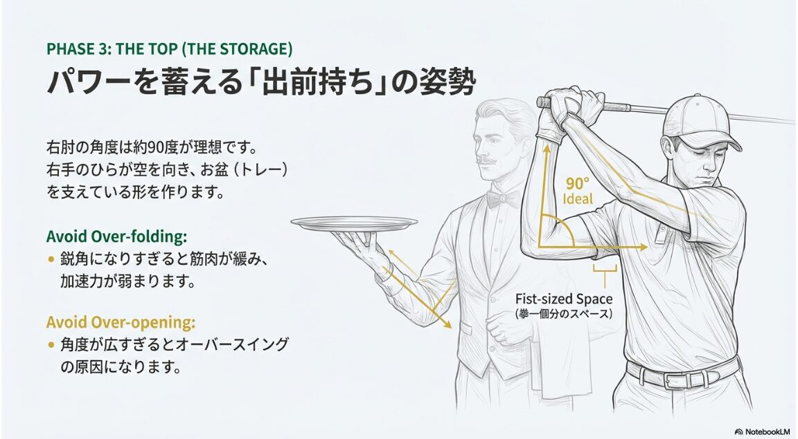 トップ位置で右肘の角度を90度に保ち、出前持ちのように手のひらを空に向ける形