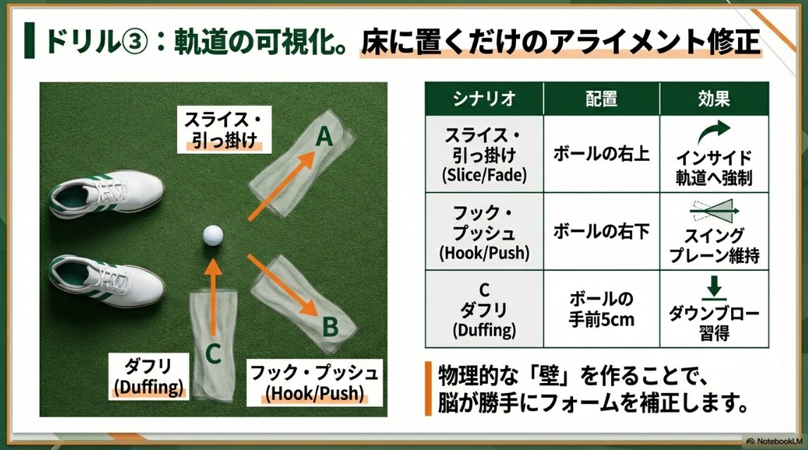 ミスの種類に応じた床置きタオルの配置ガイド図