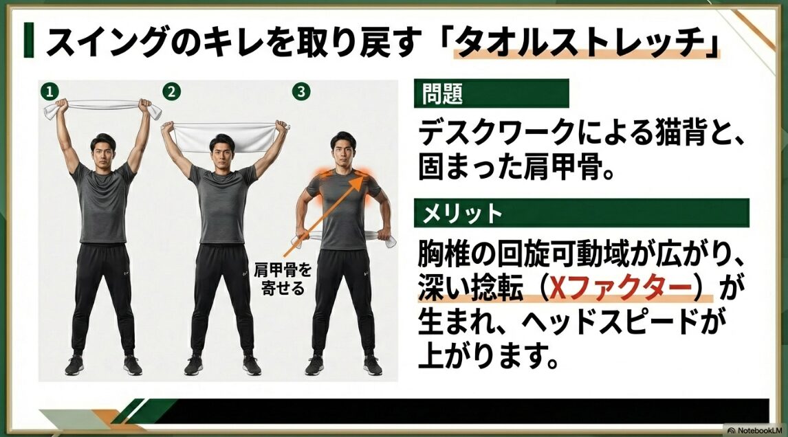 タオルを使った肩甲骨周りのストレッチ3ステップ図解