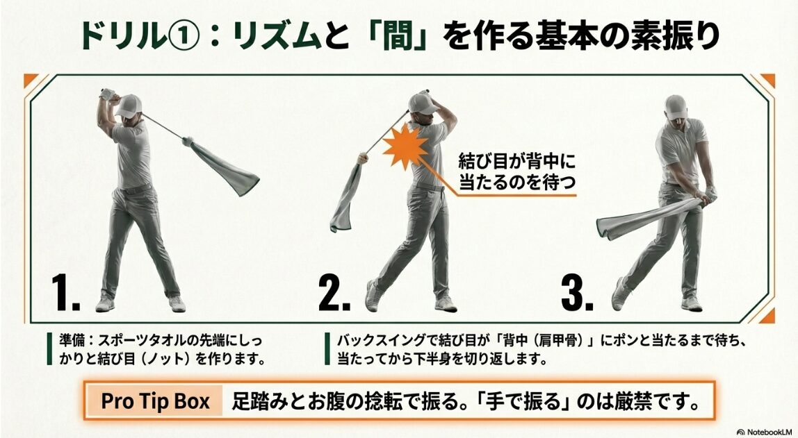 タオル素振りの3ステップ手順：結び目が背中に当たるのを待つ方法