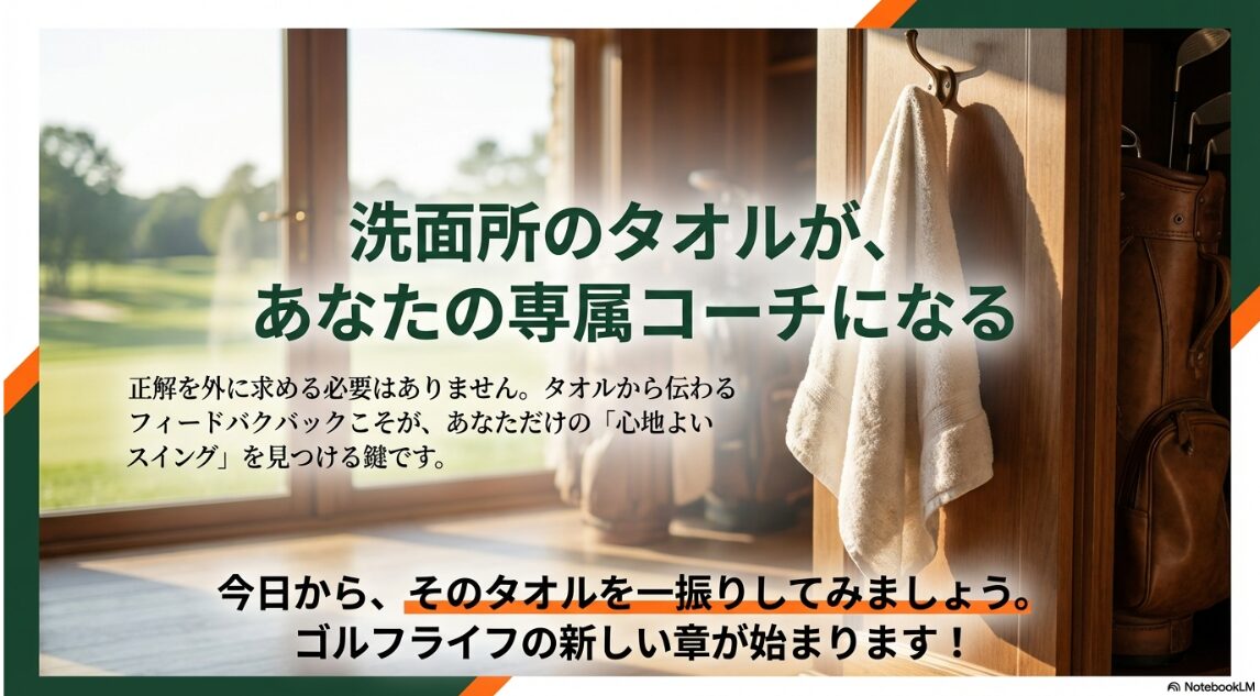 洗面所のタオルとゴルフクラブが並ぶ、練習の習慣化をイメージした図