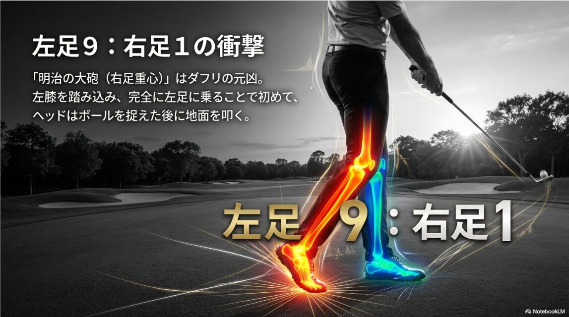 インパクト時に左足へ9割の荷重を乗せることでクリーンな打点を生む図解