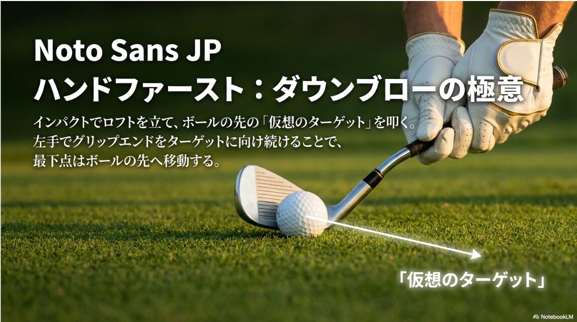 インパクトでロフトを立て、ボール先の仮想ターゲットを叩くハンドファーストの様子