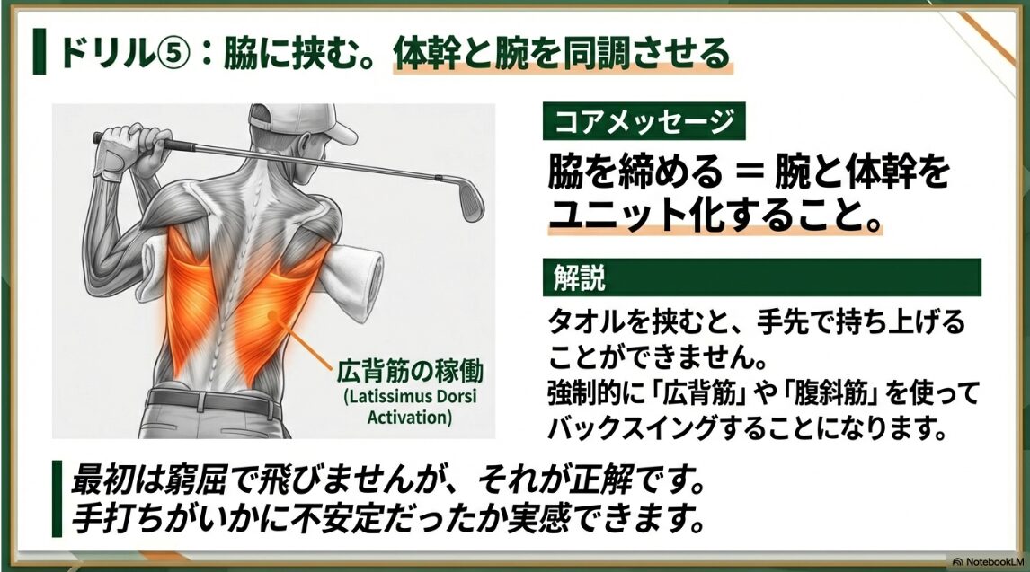 脇にタオルを挟んでスイングした際の広背筋の稼働を示す図解