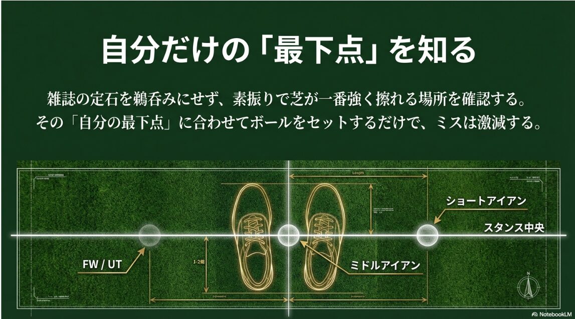 自分のスイング最下点に合わせてボール位置を最適化するガイド