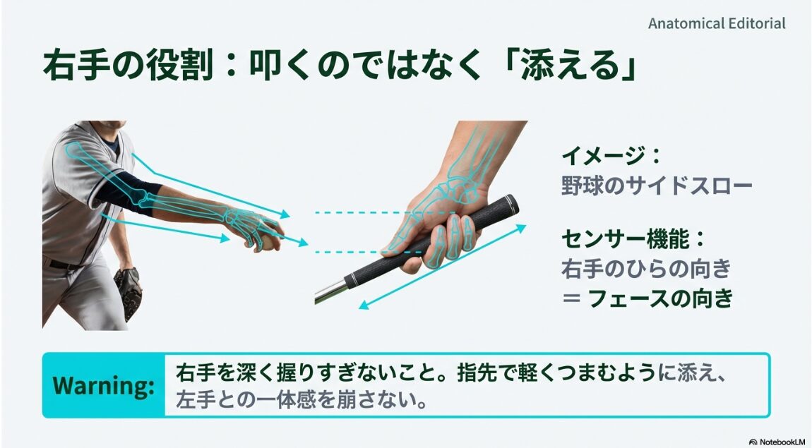 右手の添え方とフェース向きのセンサーとしての役割を解説した図解