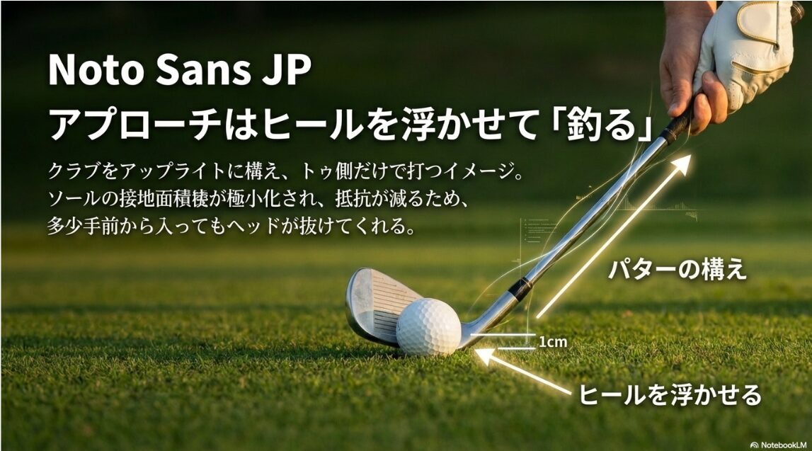 ウェッジのヒールを浮かせパターのように構えることでザックリを防ぐアプローチ手法