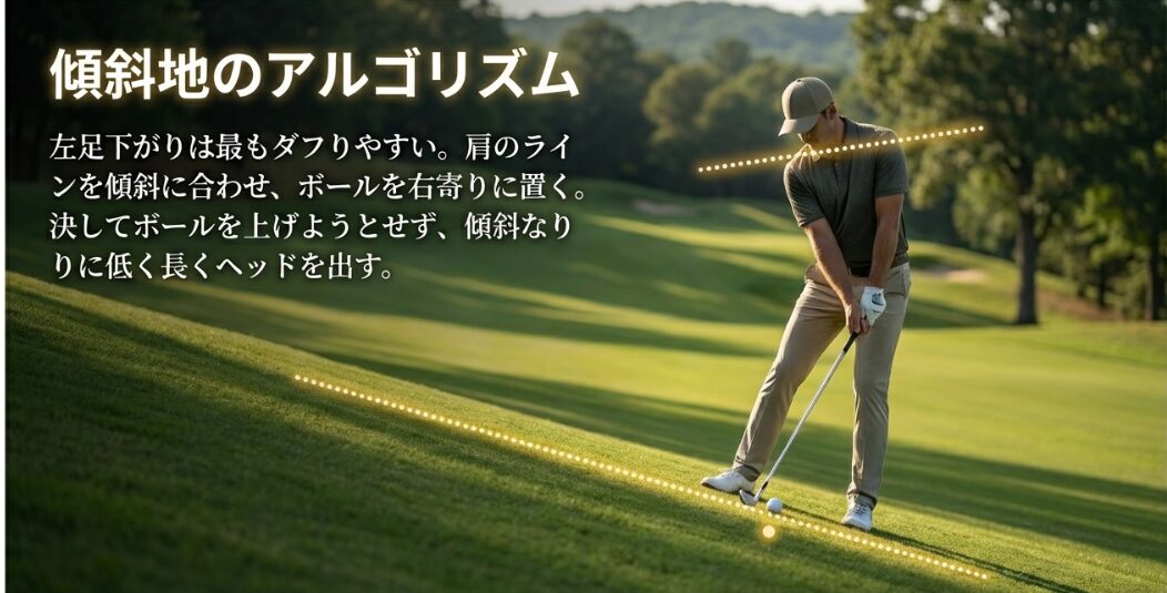 左足下がりの傾斜地で肩のラインを傾斜に合わせ低く長く振る攻略図