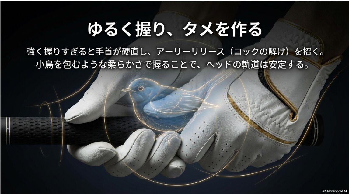 手首の硬直を防ぎタメを作る、小鳥を包むような柔らかいグリップ
