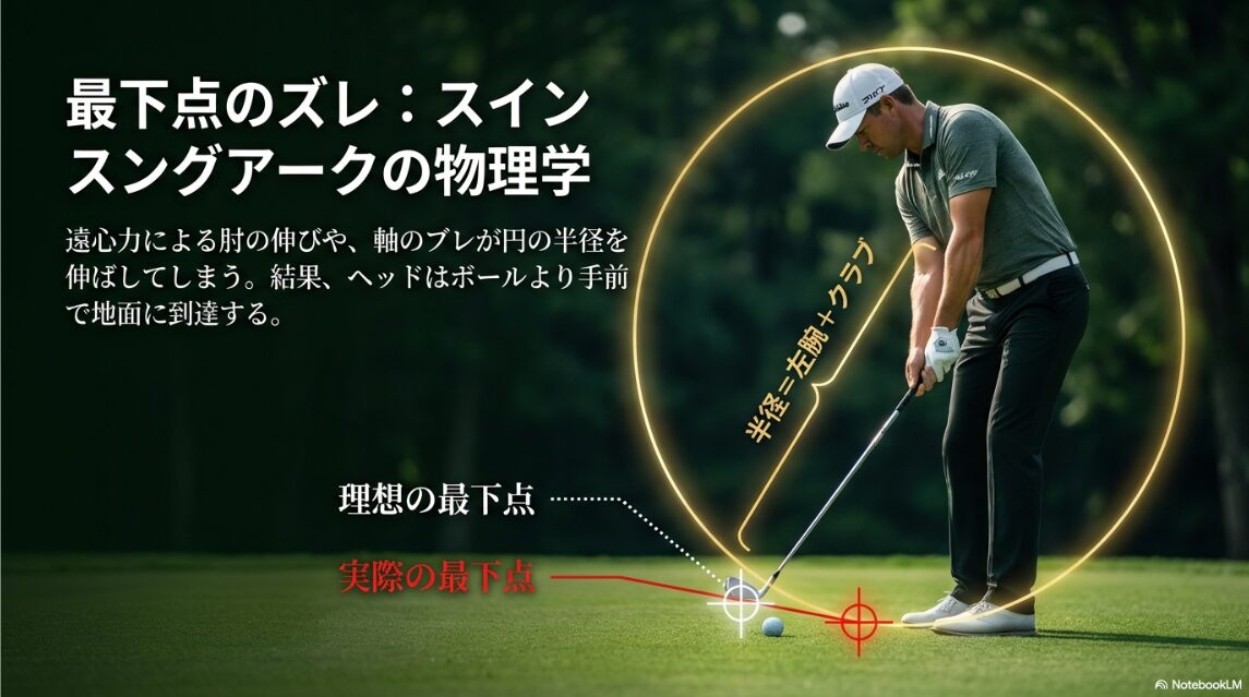スイング半径の変化により最下点がボール手前にズレる物理的メカニズム