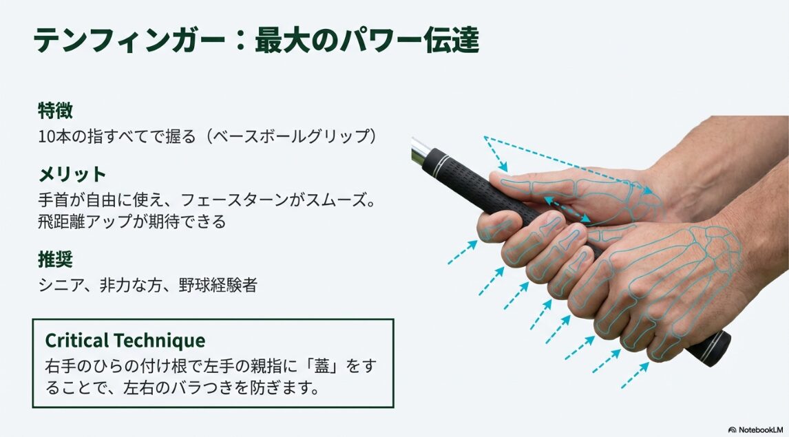 テンフィンガーグリップの10本の指によるパワー伝達と右手の使い方の図解