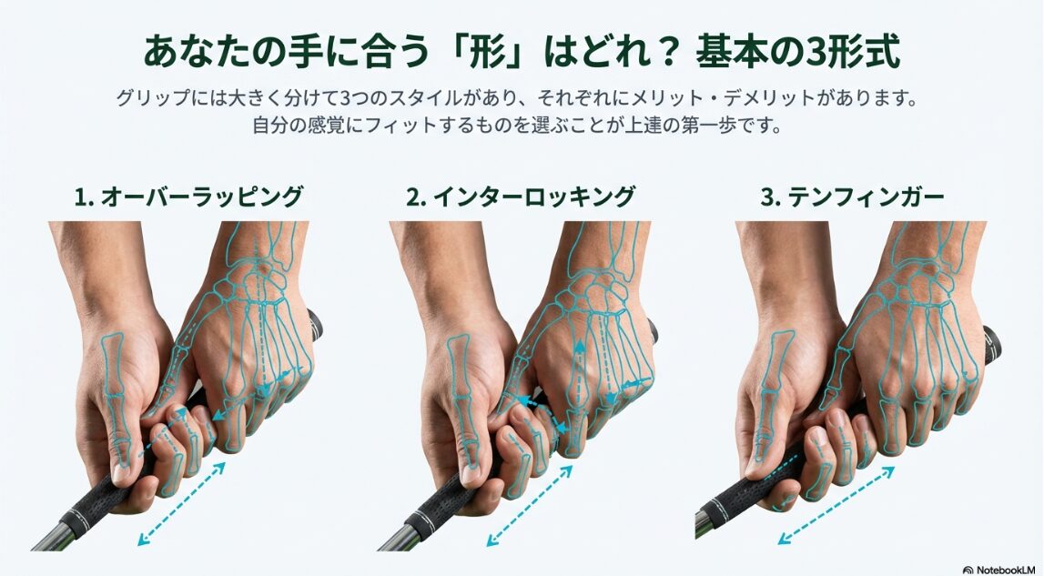 オーバーラッピング、インターロッキング、テンフィンガーの3種類のゴルフグリップ比較図解