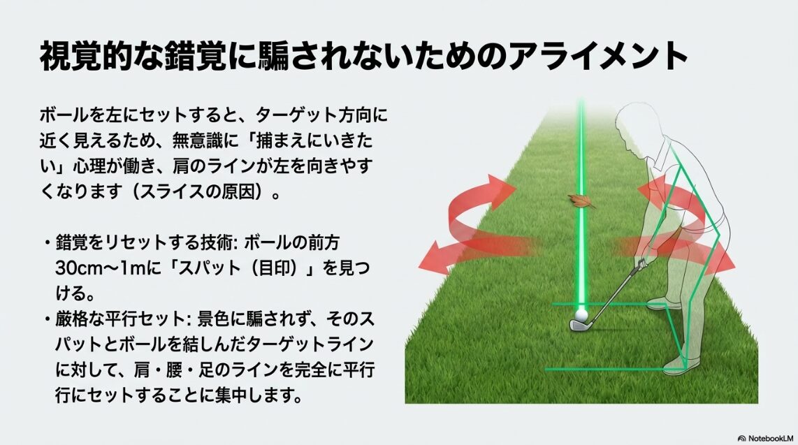 スパットを活用して視覚的な錯覚をリセットし平行にセットアップする図解