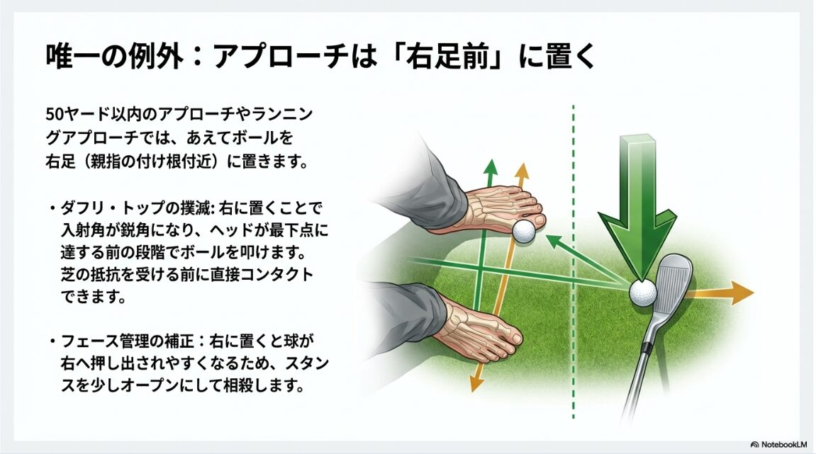 アプローチでボールを右足寄りに置いて入射角を鋭角にする図解
