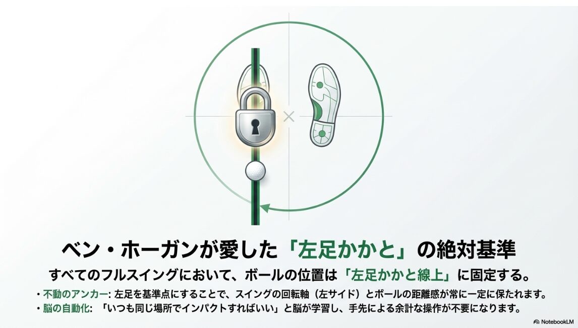 ベン・ホーガンの理論に基づく左足かかと線上のボール位置固定図解