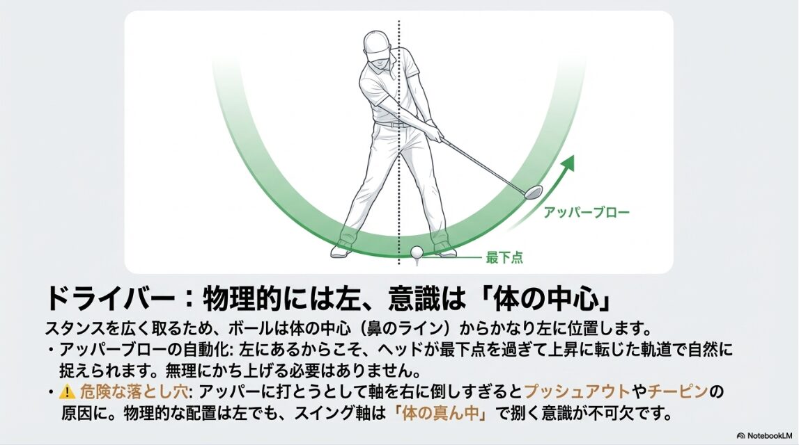 ドライバーでボールを左に置くことで自然にアッパーブローになる仕組みの図解