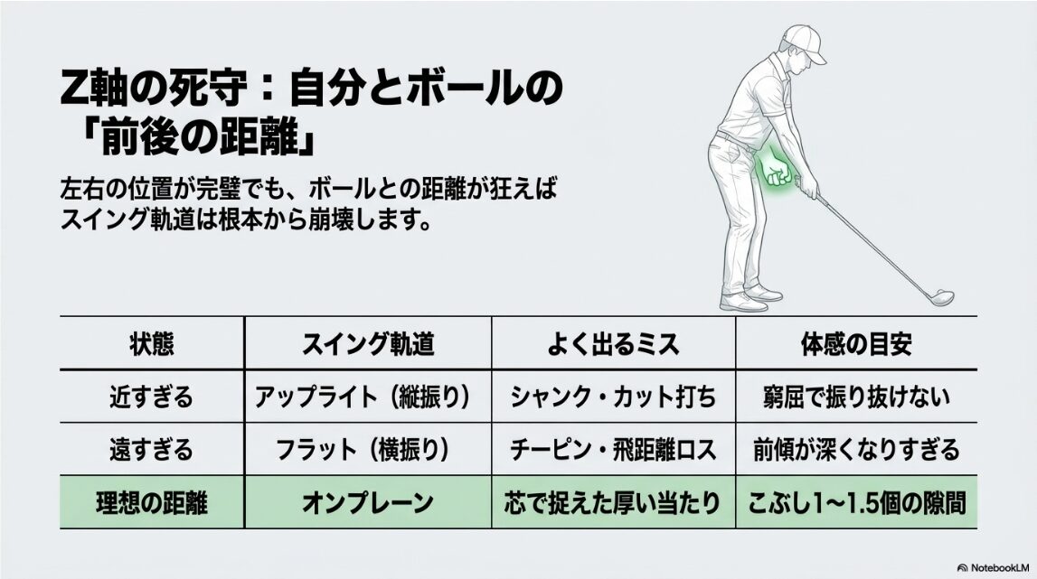 自分とボールの前後の距離がスイング軌道に与える影響の表