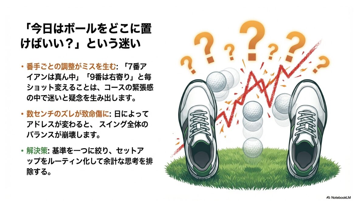 ゴルフの番手ごとにボール位置を変えることで生じる迷いとスイング崩壊のイメージ図