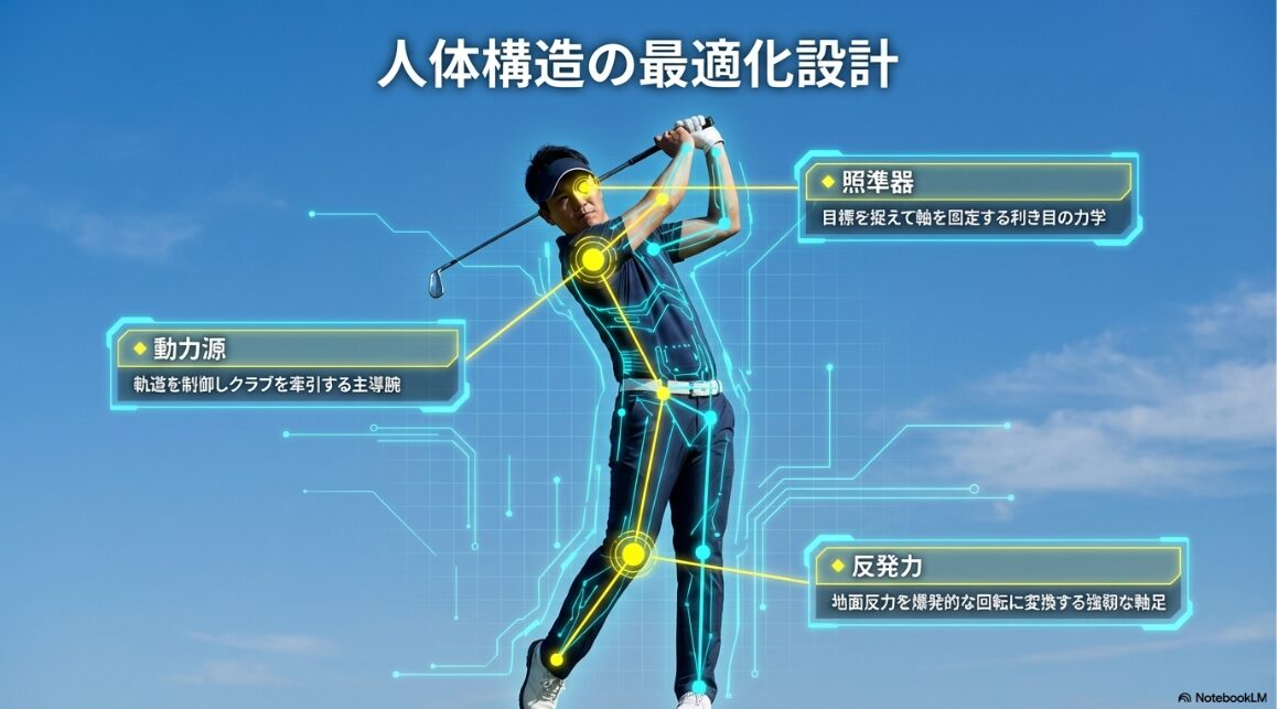 ゴルフスイングにおける主導腕・利き目・軸足を最適化した人体構造の図解