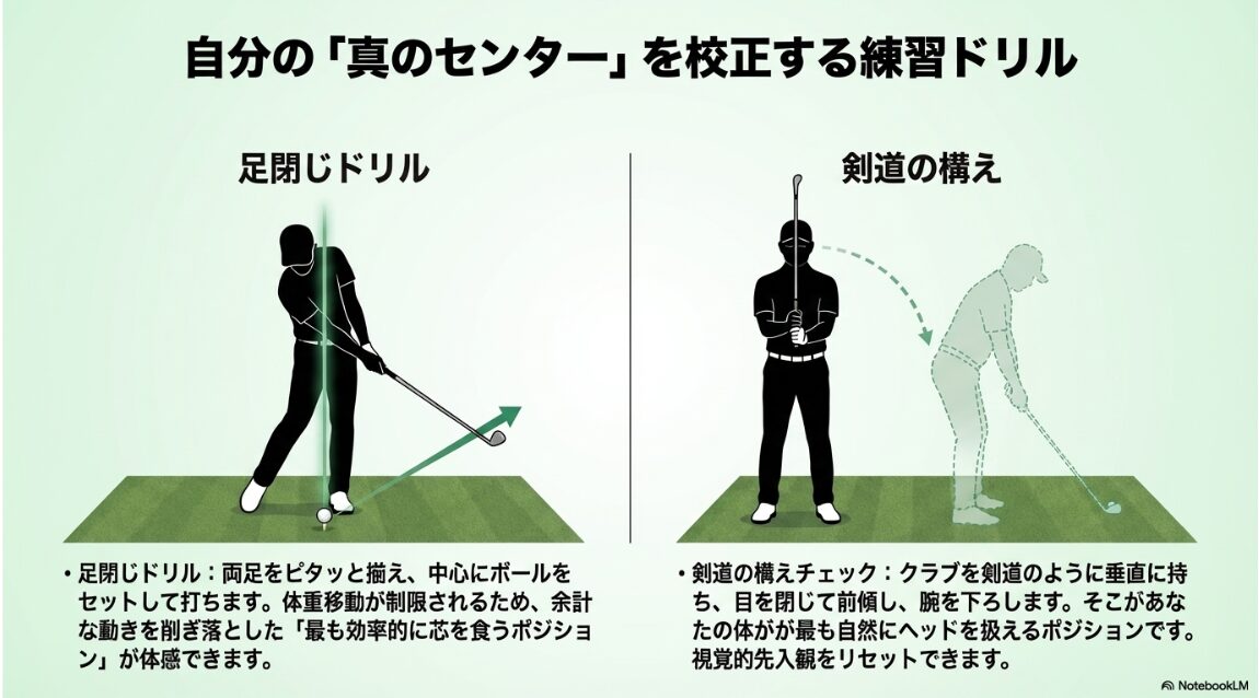 足閉じドリルと剣道の構えでスイングのセンターを校正する練習方法