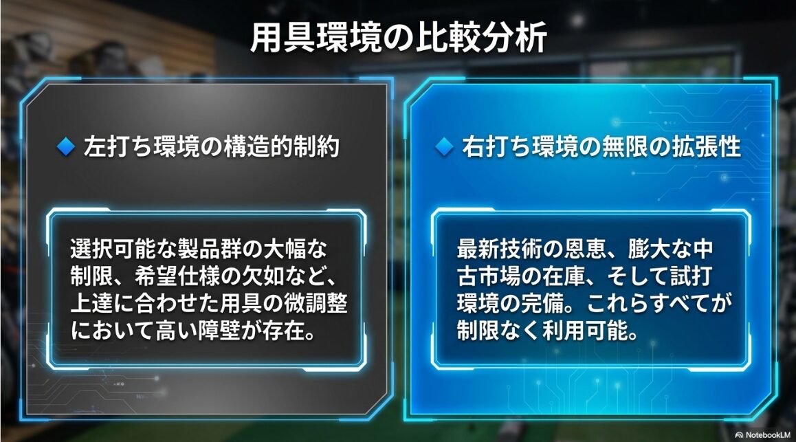 左打ちの用具制約と右打ちの圧倒的な選択肢・中古市場の拡張性を比較した図