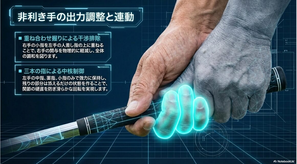 右手の関与を抑え左腕主導を助けるオーバーラッピング・グリップの握り方