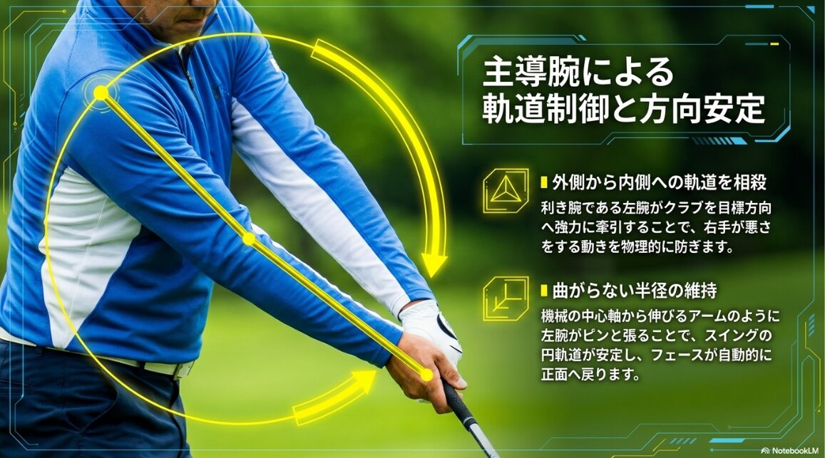 利き腕である左腕がスイング軌道を強力に牽引し安定させる様子