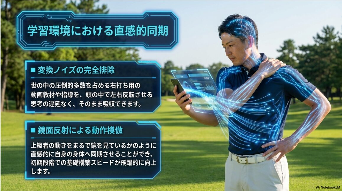 右打ちの教材を頭の中で反転させずにそのまま模倣できる学習メリットの図解