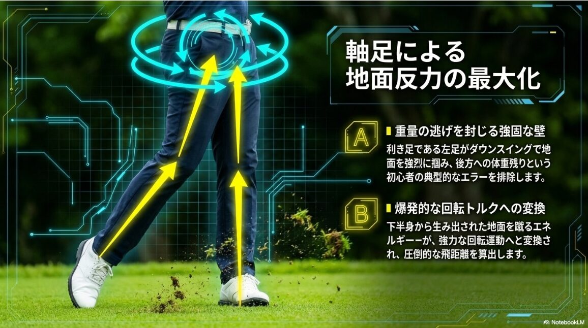 利き足の左足が地面を掴み、後方への体重残りを防いで強固な壁を作る図解