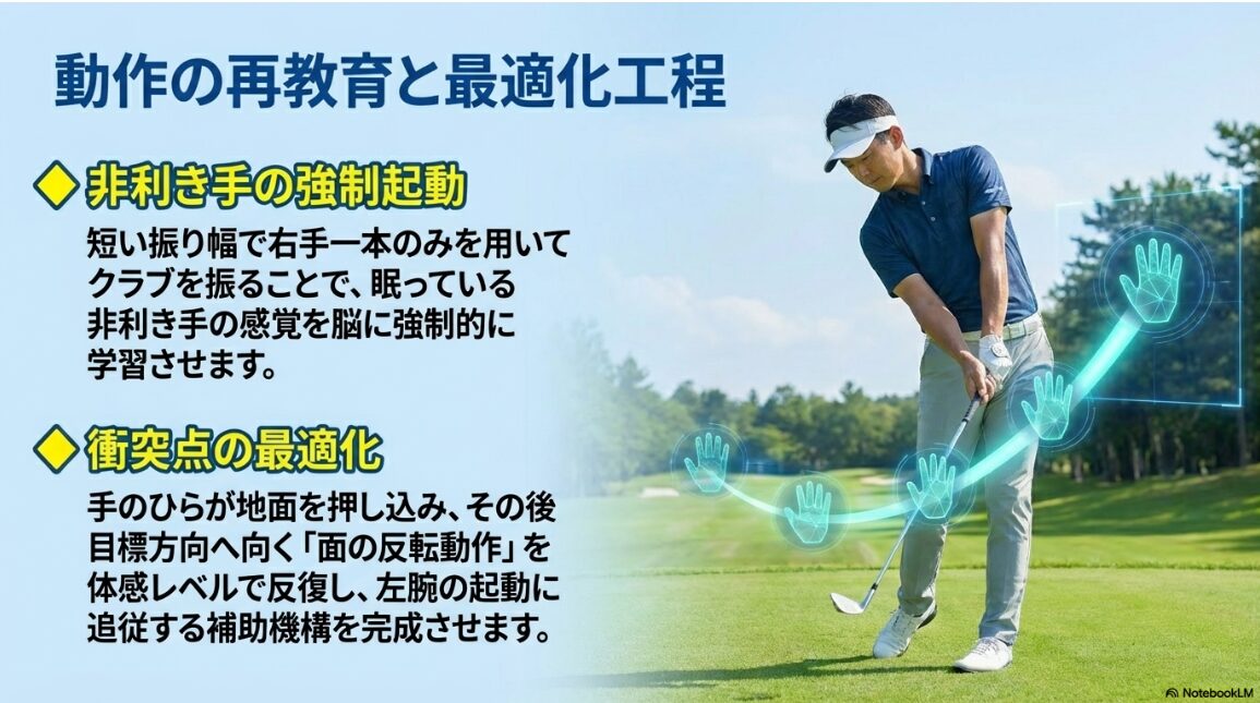 右手一本でスイングし非利き手の感覚を脳に学習させる練習ドリル