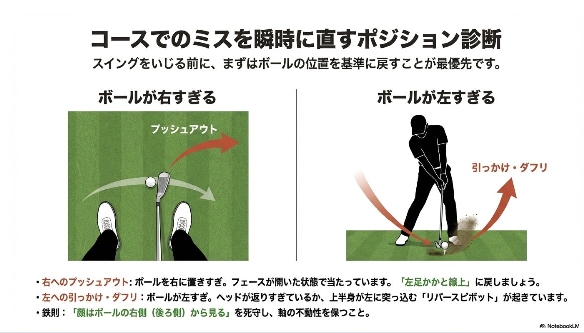 ボールが右すぎるプッシュアウトと左すぎる引っかけの診断と対策図解
