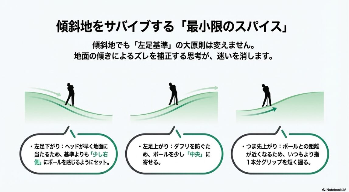 左足下がり・上がりなど傾斜地での最小限のボール位置補正図解